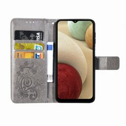 Peňaženkové puzdro Embossing Pattern Štvorlístok sivé – Samsung Galaxy A12 / M12 | Kryty na mobil Kryty na mobil | Peňaženkové puzdro Embossing Pattern Štvorlístok sivé – Samsung Galaxy A12 / M12 | Kryty na mobil