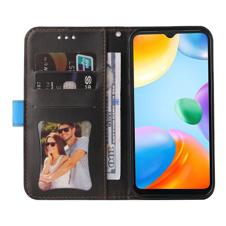 Peňaženkové puzdro Stitching čierno-modré – Xiaomi Redmi 10C | Kryty na mobil Kryty na mobil | Peňaženkové puzdro Stitching čierno-modré – Xiaomi Redmi 10C | Kryty na mobil