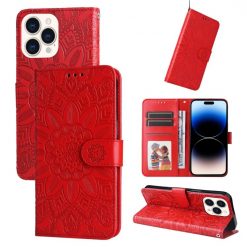 Kryty na mobil | Peňaženkové puzdro Embossing Pattern Slnečnica červené – Apple iPhone 14 Pro Max | Kryty na mobil