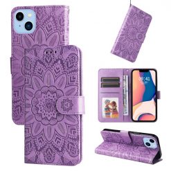 Peňaženkové puzdro Embossing Pattern Slnečnica fialové – Apple iPhone 14 | Kryty na mobil Kryty na mobil | Peňaženkové puzdro Embossing Pattern Slnečnica fialové – Apple iPhone 14 | Kryty na mobil
