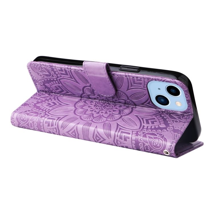 Peňaženkové puzdro Embossing Pattern Slnečnica fialové – Apple iPhone 14 Plus | Kryty na mobil Kryty na mobil | Peňaženkové puzdro Embossing Pattern Slnečnica fialové – Apple iPhone 14 Plus | Kryty na mobil