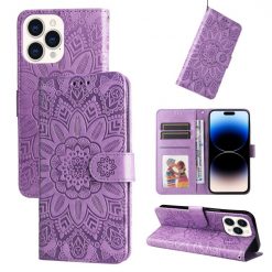 Kryty na mobil | Peňaženkové puzdro Embossing Pattern Slnečnica fialové – Apple iPhone 14 Pro | Kryty na mobil