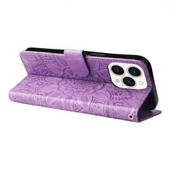 Kryty na mobil | Peňaženkové puzdro Embossing Pattern Slnečnica fialové – Apple iPhone 14 Pro | Kryty na mobil