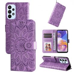 Kryty na mobil | Peňaženkové puzdro Embossing Pattern Slnečnica fialové – Samsung Galaxy A23 5G / M23 | Kryty na mobil
