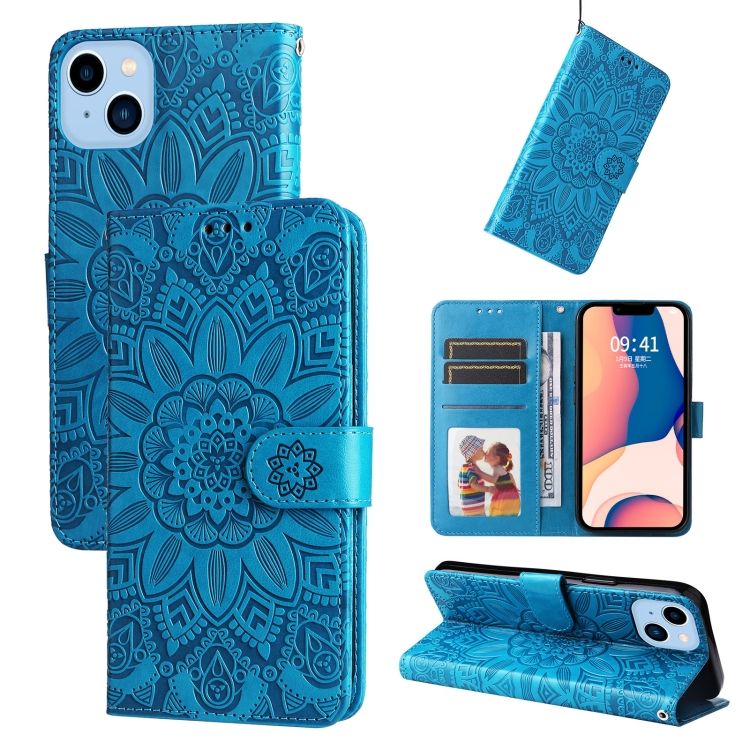 Peňaženkové puzdro Embossing Pattern Slnečnica modré – Apple iPhone 14 Plus | Kryty na mobil Kryty na mobil | Peňaženkové puzdro Embossing Pattern Slnečnica modré – Apple iPhone 14 Plus | Kryty na mobil