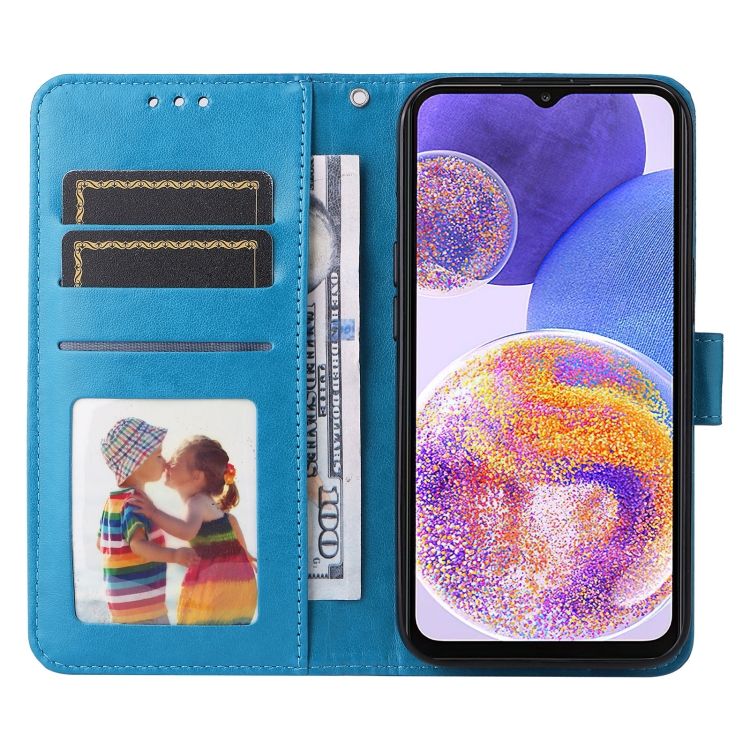 Peňaženkové puzdro Embossing Pattern Slnečnica modré – Samsung Galaxy A23 5G / M23 | Kryty na mobil Kryty na mobil | Peňaženkové puzdro Embossing Pattern Slnečnica modré – Samsung Galaxy A23 5G / M23 | Kryty na mobil
