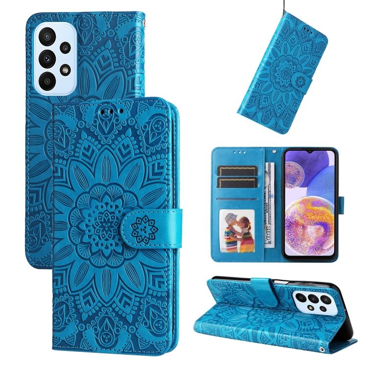 Peňaženkové puzdro Embossing Pattern Slnečnica modré – Samsung Galaxy A23 5G / M23 | Kryty na mobil Kryty na mobil | Peňaženkové puzdro Embossing Pattern Slnečnica modré – Samsung Galaxy A23 5G / M23 | Kryty na mobil