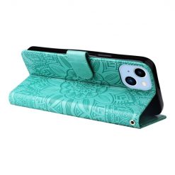 Peňaženkové puzdro Embossing Pattern Slnečnica zelené – Apple iPhone 14 Plus | Kryty na mobil Kryty na mobil | Peňaženkové puzdro Embossing Pattern Slnečnica zelené – Apple iPhone 14 Plus | Kryty na mobil