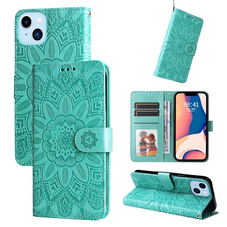 Peňaženkové puzdro Embossing Pattern Slnečnica zelené – Apple iPhone 14 Plus | Kryty na mobil Kryty na mobil | Peňaženkové puzdro Embossing Pattern Slnečnica zelené – Apple iPhone 14 Plus | Kryty na mobil