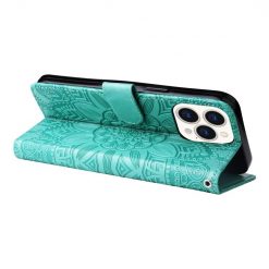 Kryty na mobil | Peňaženkové puzdro Embossing Pattern Slnečnica zelené – Apple iPhone 14 Pro | Kryty na mobil