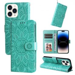 Kryty na mobil | Peňaženkové puzdro Embossing Pattern Slnečnica zelené – Apple iPhone 14 Pro Max | Kryty na mobil
