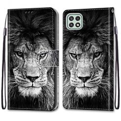Kryty na mobil | Knižkové puzdro Trendy Cross case Čiernobiely lev – Samsung Galaxy A22 5G | Kryty na mobil