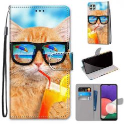 Kryty na mobil | Knižkové puzdro Trendy Cross case Mačka a drink – Samsung Galaxy A22 5G | Kryty na mobil