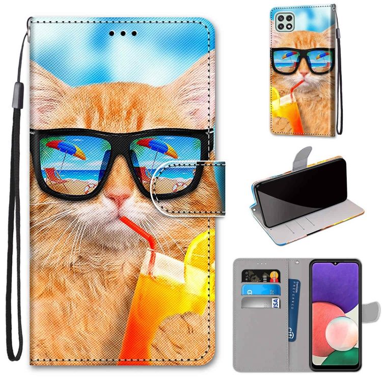 Knižkové puzdro Trendy Cross case Mačka a drink – Samsung Galaxy A22 5G | Kryty na mobil Kryty na mobil | Knižkové puzdro Trendy Cross case Mačka a drink – Samsung Galaxy A22 5G | Kryty na mobil