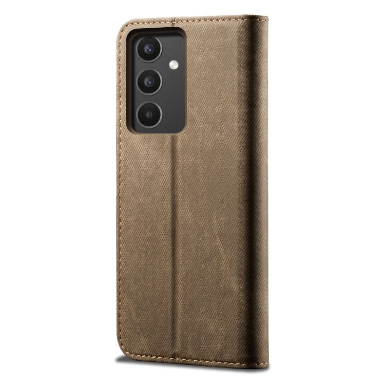 Peňaženkové puzdro Denim Texture svetlohnedé – Samsung Galaxy A34 5G | Kryty na mobil Kryty na mobil | Peňaženkové puzdro Denim Texture svetlohnedé – Samsung Galaxy A34 5G | Kryty na mobil