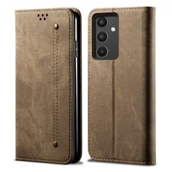 Peňaženkové puzdro Denim Texture svetlohnedé – Samsung Galaxy A34 5G | Kryty na mobil Kryty na mobil | Peňaženkové puzdro Denim Texture svetlohnedé – Samsung Galaxy A34 5G | Kryty na mobil