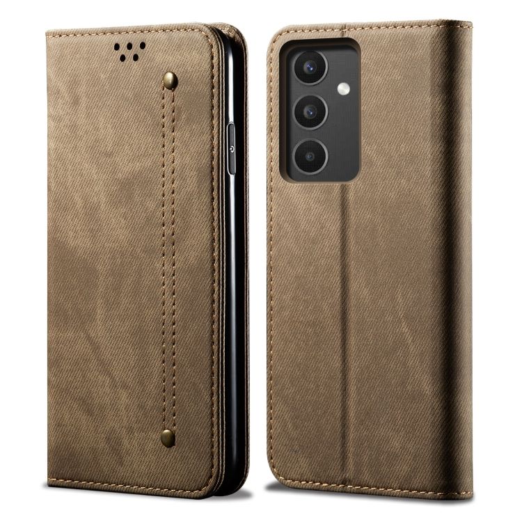 Peňaženkové puzdro Denim Texture svetlohnedé – Samsung Galaxy A34 5G | Kryty na mobil Kryty na mobil | Peňaženkové puzdro Denim Texture svetlohnedé – Samsung Galaxy A34 5G | Kryty na mobil
