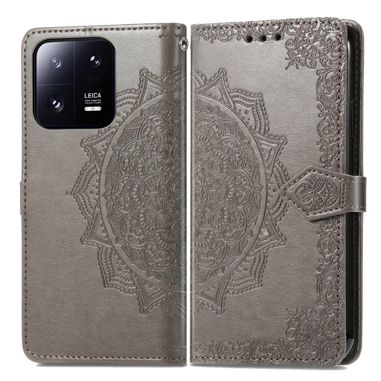 Peňaženkové puzdro Embossing Pattern Mandala Flower sivé – Xiaomi 13 Pro | Kryty na mobil Kryty na mobil | Peňaženkové puzdro Embossing Pattern Mandala Flower sivé – Xiaomi 13 Pro | Kryty na mobil