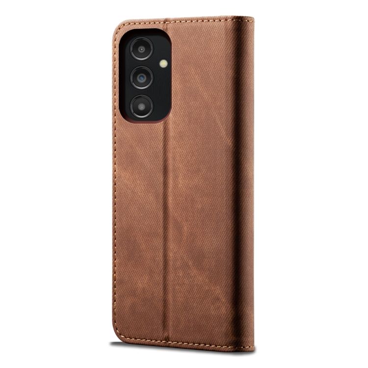 Peňaženkové puzdro Denim Texture hnedé – Samsung Galaxy A14 4G/5G | Kryty na mobil Kryty na mobil | Peňaženkové puzdro Denim Texture hnedé – Samsung Galaxy A14 4G/5G | Kryty na mobil