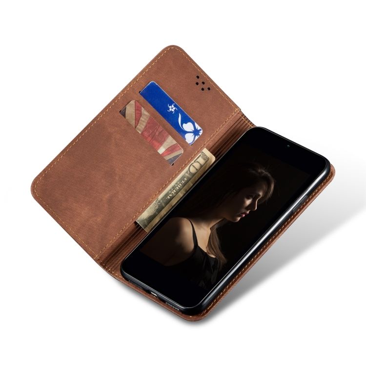 Peňaženkové puzdro Denim Texture hnedé – Samsung Galaxy A14 4G/5G | Kryty na mobil Kryty na mobil | Peňaženkové puzdro Denim Texture hnedé – Samsung Galaxy A14 4G/5G | Kryty na mobil
