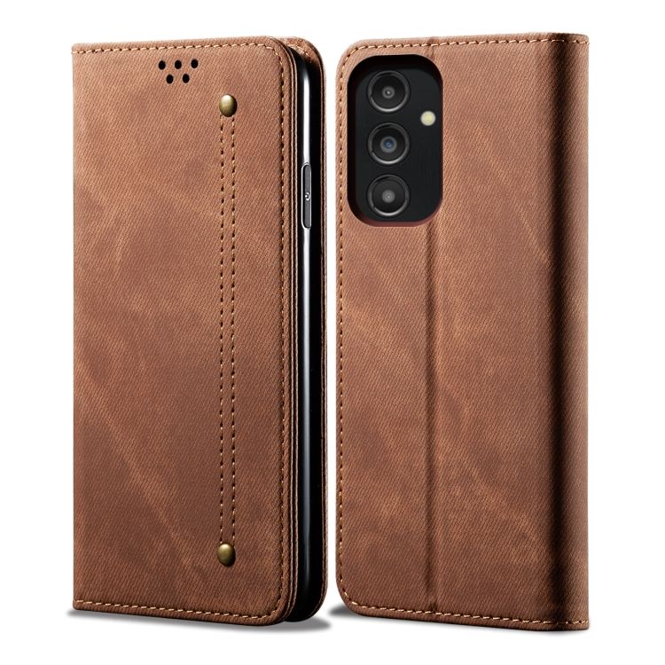 Peňaženkové puzdro Denim Texture hnedé – Samsung Galaxy A14 4G/5G | Kryty na mobil Kryty na mobil | Peňaženkové puzdro Denim Texture hnedé – Samsung Galaxy A14 4G/5G | Kryty na mobil