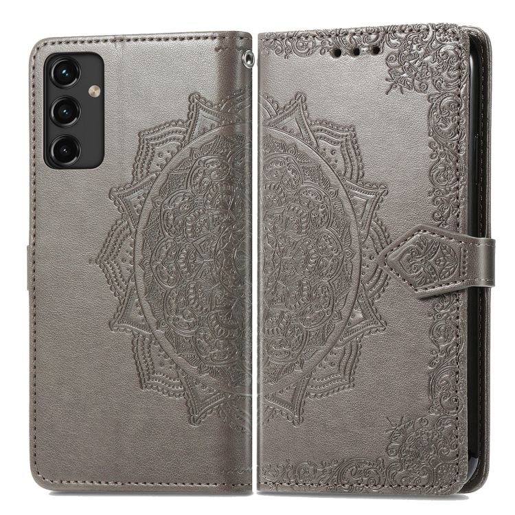 Peňaženkové puzdro Embossing Pattern Mandala Flower sivé – Samsung Galaxy A14 4G/5G | Kryty na mobil Kryty na mobil | Peňaženkové puzdro Embossing Pattern Mandala Flower sivé – Samsung Galaxy A14 4G/5G | Kryty na mobil