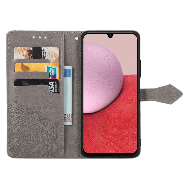 Peňaženkové puzdro Embossing Pattern Mandala Flower sivé – Samsung Galaxy A14 4G/5G | Kryty na mobil Kryty na mobil | Peňaženkové puzdro Embossing Pattern Mandala Flower sivé – Samsung Galaxy A14 4G/5G | Kryty na mobil