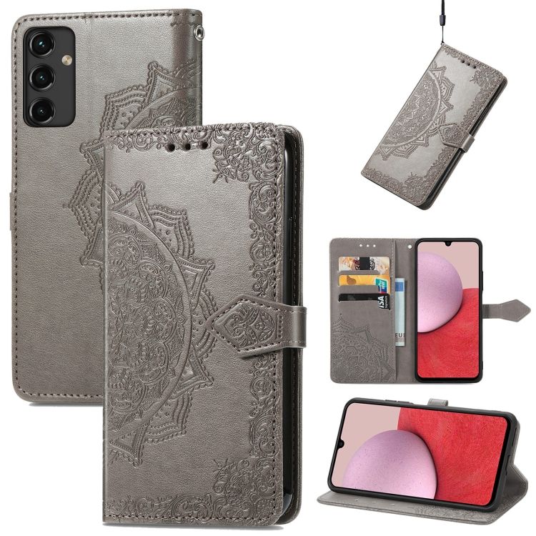 Peňaženkové puzdro Embossing Pattern Mandala Flower sivé – Samsung Galaxy A14 4G/5G | Kryty na mobil Kryty na mobil | Peňaženkové puzdro Embossing Pattern Mandala Flower sivé – Samsung Galaxy A14 4G/5G | Kryty na mobil