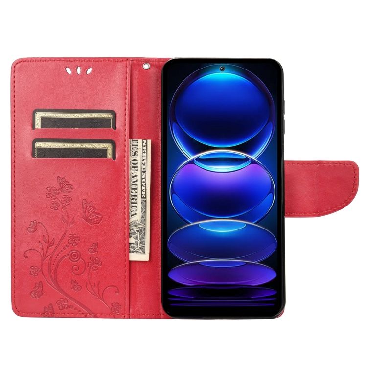 Peňaženkové puzdro Embossing Pattern Motýľ a kvet červené – Xiaomi Redmi Note 12 5G | Kryty na mobil Kryty na mobil | Peňaženkové puzdro Embossing Pattern Motýľ a kvet červené – Xiaomi Redmi Note 12 5G | Kryty na mobil