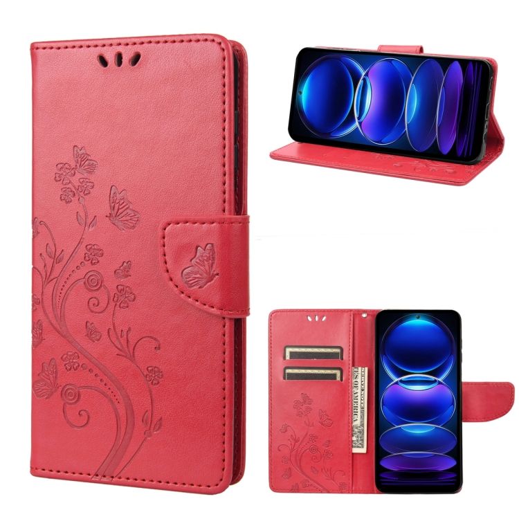 Peňaženkové puzdro Embossing Pattern Motýľ a kvet červené – Xiaomi Redmi Note 12 5G | Kryty na mobil Kryty na mobil | Peňaženkové puzdro Embossing Pattern Motýľ a kvet červené – Xiaomi Redmi Note 12 5G | Kryty na mobil