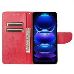 Kryty na mobil | Peňaženkové puzdro Embossing Pattern Motýľ a kvet červené – Xiaomi Redmi Note 12 Pro | Kryty na mobil