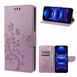 Kryty na mobil | Peňaženkové puzdro Embossing Pattern Motýľ a kvet fialové – Xiaomi Redmi Note 12 Pro | Kryty na mobil