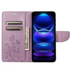 Kryty na mobil | Peňaženkové puzdro Embossing Pattern Motýľ a kvet fialové – Xiaomi Redmi Note 12 Pro | Kryty na mobil