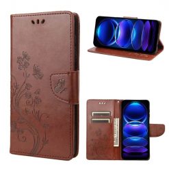 Kryty na mobil | Peňaženkové puzdro Embossing Pattern Motýľ a kvet hnedé – Xiaomi Redmi Note 12 5G | Kryty na mobil