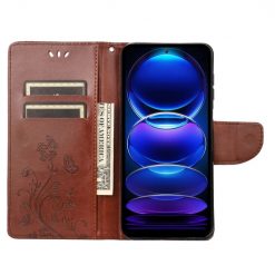 Kryty na mobil | Peňaženkové puzdro Embossing Pattern Motýľ a kvet hnedé – Xiaomi Redmi Note 12 5G | Kryty na mobil