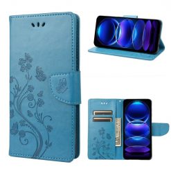 Kryty na mobil | Peňaženkové puzdro Embossing Pattern Motýľ a kvet modré – Xiaomi Redmi Note 12 5G | Kryty na mobil