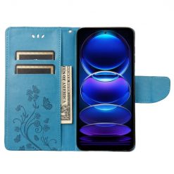 Kryty na mobil | Peňaženkové puzdro Embossing Pattern Motýľ a kvet modré – Xiaomi Redmi Note 12 5G | Kryty na mobil