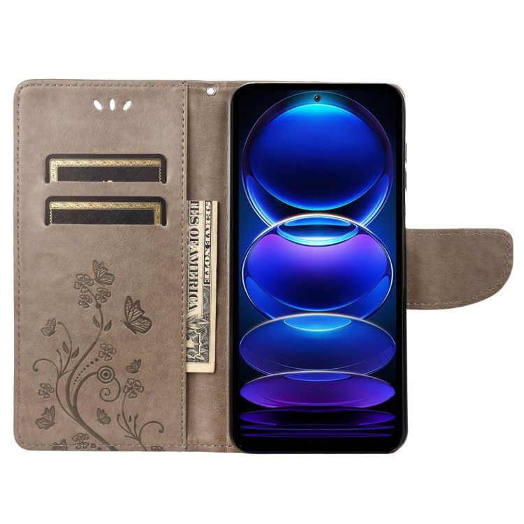 Peňaženkové puzdro Embossing Pattern Motýľ a kvet sivé – Xiaomi Redmi Note 12 Pro | Kryty na mobil Kryty na mobil | Peňaženkové puzdro Embossing Pattern Motýľ a kvet sivé – Xiaomi Redmi Note 12 Pro | Kryty na mobil