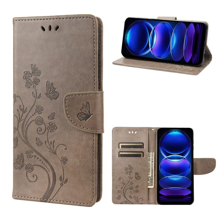 Peňaženkové puzdro Embossing Pattern Motýľ a kvet sivé – Xiaomi Redmi Note 12 Pro | Kryty na mobil Kryty na mobil | Peňaženkové puzdro Embossing Pattern Motýľ a kvet sivé – Xiaomi Redmi Note 12 Pro | Kryty na mobil