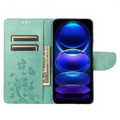 Kryty na mobil | Peňaženkové puzdro Embossing Pattern Motýľ a kvet zelené – Xiaomi Redmi Note 12 5G | Kryty na mobil