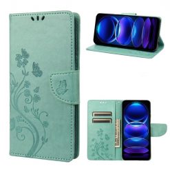 Kryty na mobil | Peňaženkové puzdro Embossing Pattern Motýľ a kvet zelené – Xiaomi Redmi Note 12 Pro | Kryty na mobil