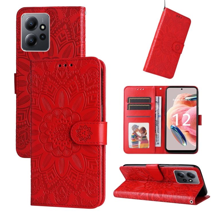 Peňaženkové puzdro Embossing Pattern Slnečnica červené – Xiaomi Redmi Note 12 (4G) | Kryty na mobil Kryty na mobil | Peňaženkové puzdro Embossing Pattern Slnečnica červené – Xiaomi Redmi Note 12 (4G) | Kryty na mobil