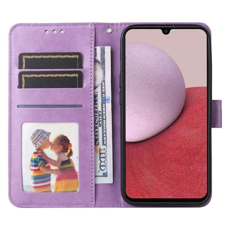Peňaženkové puzdro Embossing Pattern Slnečnica fialové – Samsung Galaxy A14 4G/5G | Kryty na mobil Kryty na mobil | Peňaženkové puzdro Embossing Pattern Slnečnica fialové – Samsung Galaxy A14 4G/5G | Kryty na mobil