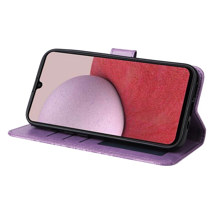 Peňaženkové puzdro Embossing Pattern Slnečnica fialové – Samsung Galaxy A14 4G/5G | Kryty na mobil Kryty na mobil | Peňaženkové puzdro Embossing Pattern Slnečnica fialové – Samsung Galaxy A14 4G/5G | Kryty na mobil