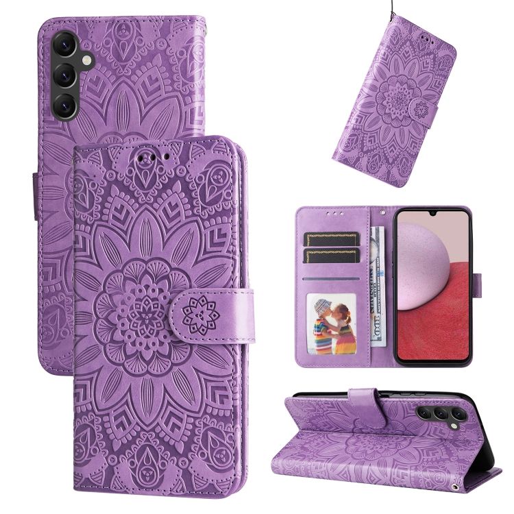 Peňaženkové puzdro Embossing Pattern Slnečnica fialové – Samsung Galaxy A14 4G/5G | Kryty na mobil Kryty na mobil | Peňaženkové puzdro Embossing Pattern Slnečnica fialové – Samsung Galaxy A14 4G/5G | Kryty na mobil