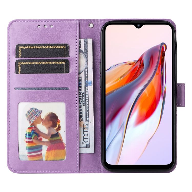 Peňaženkové puzdro Embossing Pattern Slnečnica fialové – Xiaomi Redmi 12C | Kryty na mobil Kryty na mobil | Peňaženkové puzdro Embossing Pattern Slnečnica fialové – Xiaomi Redmi 12C | Kryty na mobil