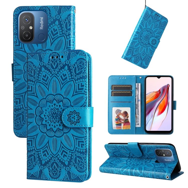 Peňaženkové puzdro Embossing Pattern Slnečnica modré – Xiaomi Redmi 12C | Kryty na mobil Kryty na mobil | Peňaženkové puzdro Embossing Pattern Slnečnica modré – Xiaomi Redmi 12C | Kryty na mobil