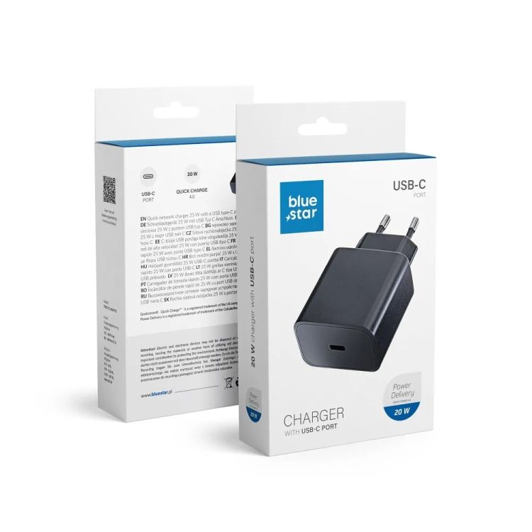 Nabíjačka do siete Blue Star USB-C 3A 20W Power Delivery + Quick Charge 4.0 čierna | Kryty na mobil Kryty na mobil | Nabíjačka do siete Blue Star USB-C 3A 20W Power Delivery + Quick Charge 4.0 čierna | Kryty na mobil