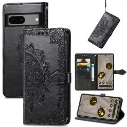 Kryty na mobil | Peňaženkové puzdro Embossing Pattern Mandala Flower čierne – Google Pixel 7a 5G | Kryty na mobil
