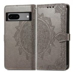 Kryty na mobil | Peňaženkové puzdro Embossing Pattern Mandala Flower sivé – Google Pixel 7a 5G | Kryty na mobil
